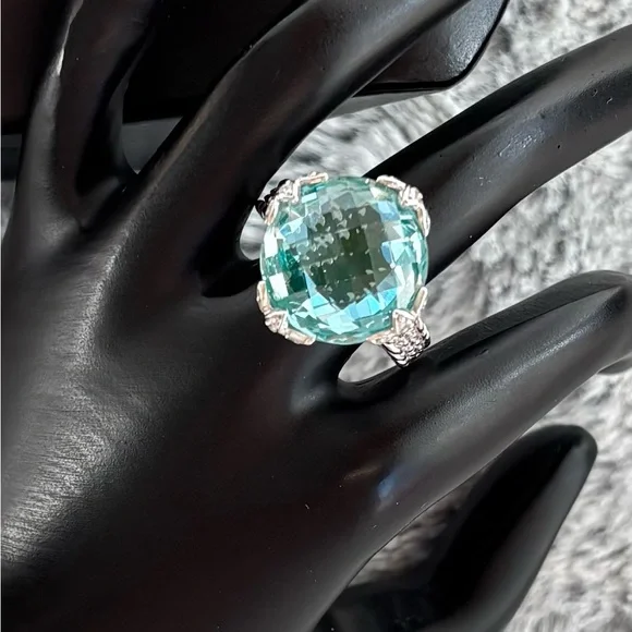 Judith Ripka Sterling Silver Teal Cubic Zirconia Ring size 7